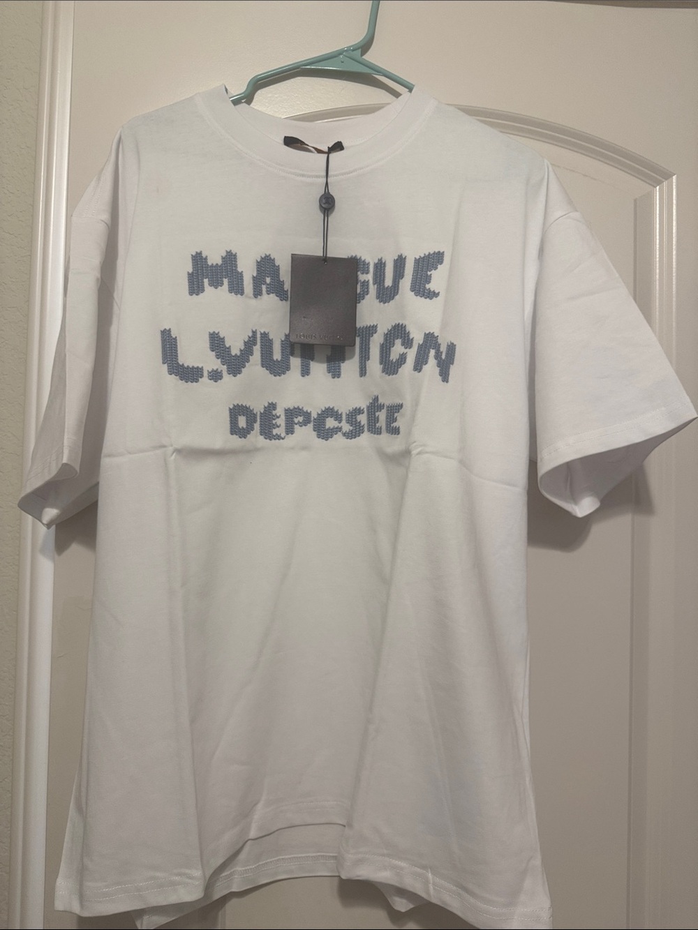 Louis Vuitton Mens 2026 White Short Sleeve Tee with Blue Logo
